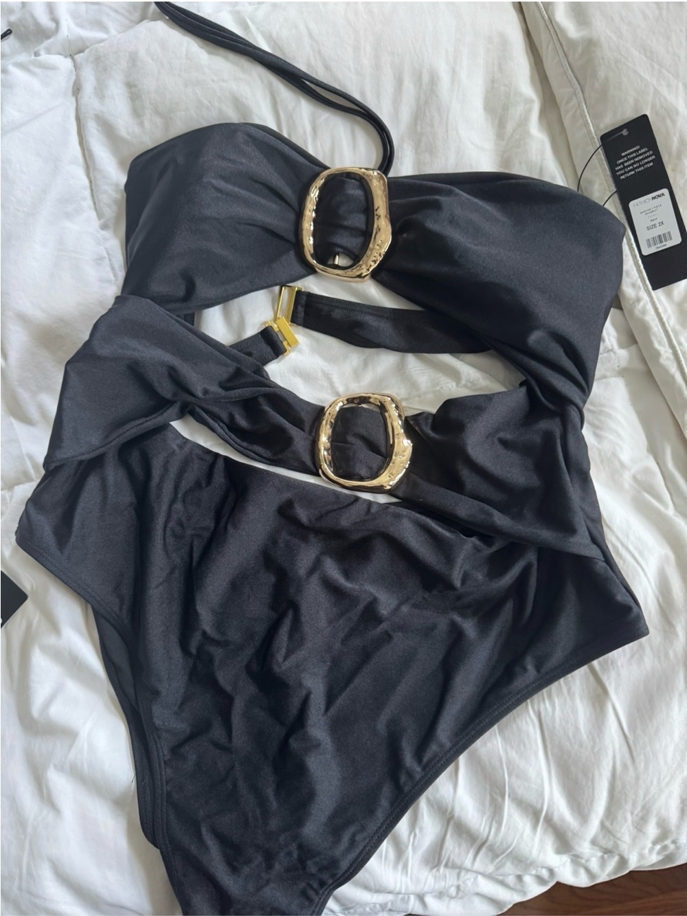 Fashion Nova Black One-Piece Swimsuit with Gold Accents